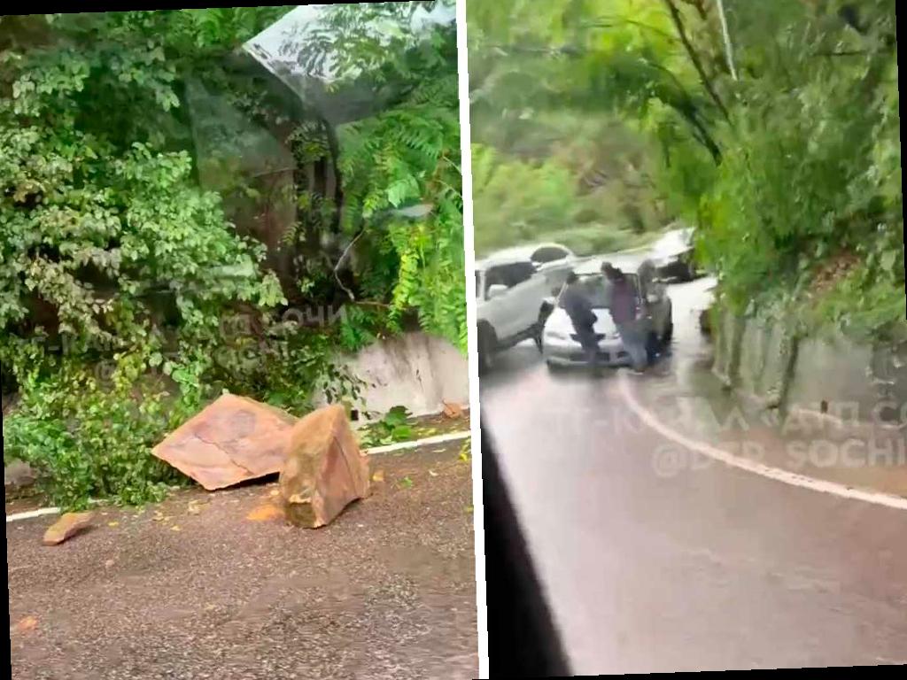 Автомобиль застрял под камнепадом на горной дороге в Сочи